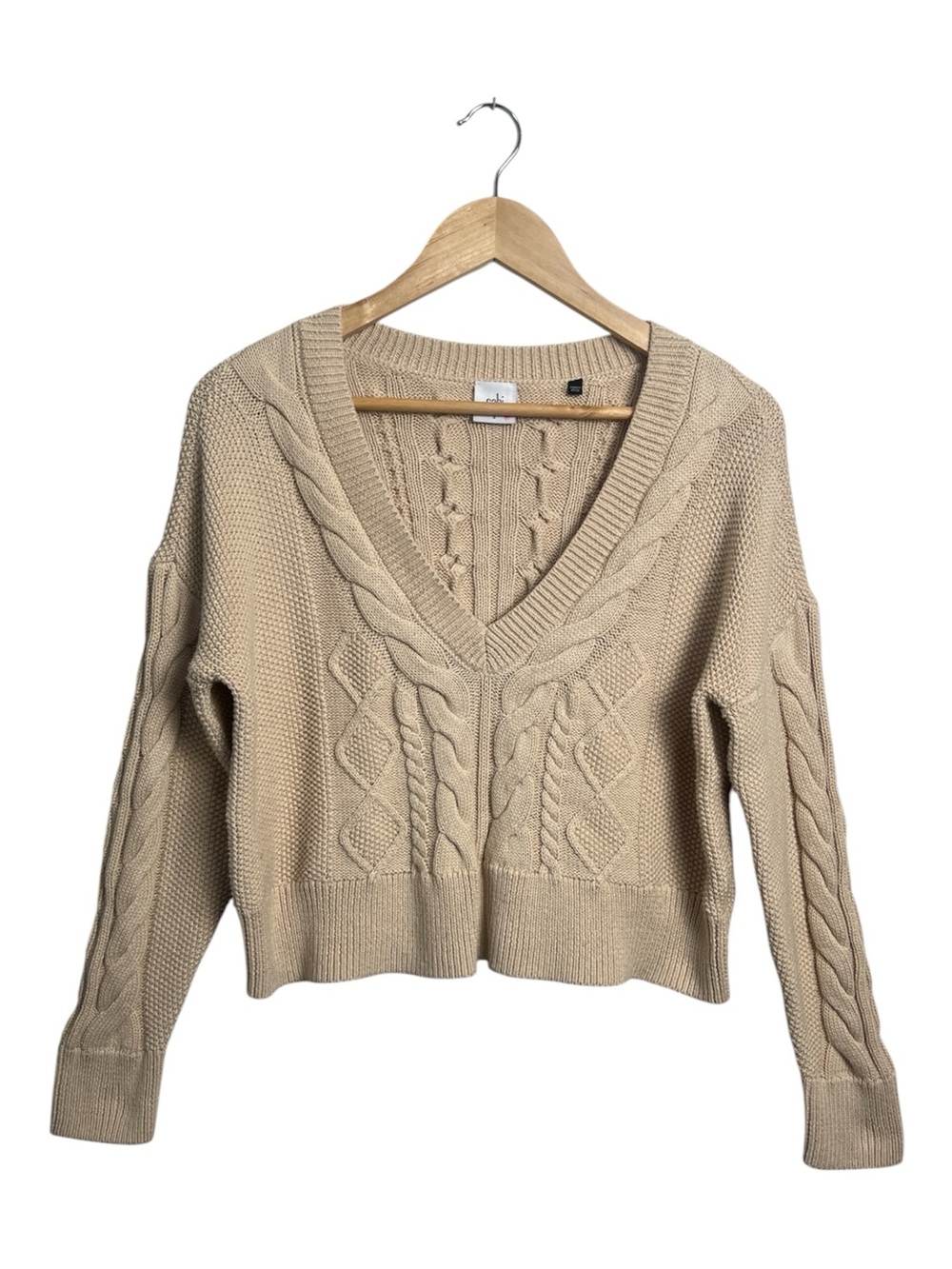 Cabi Women’s Small Beige Cable Knit V-Neck Cropped Sweater Cotton Style 5636